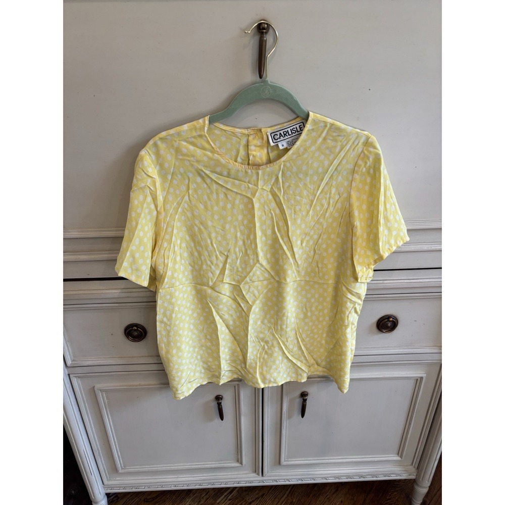 Vintage Carlisle Grandma Core Yellow‎ White Polka Dot Silk Blouse Size 8